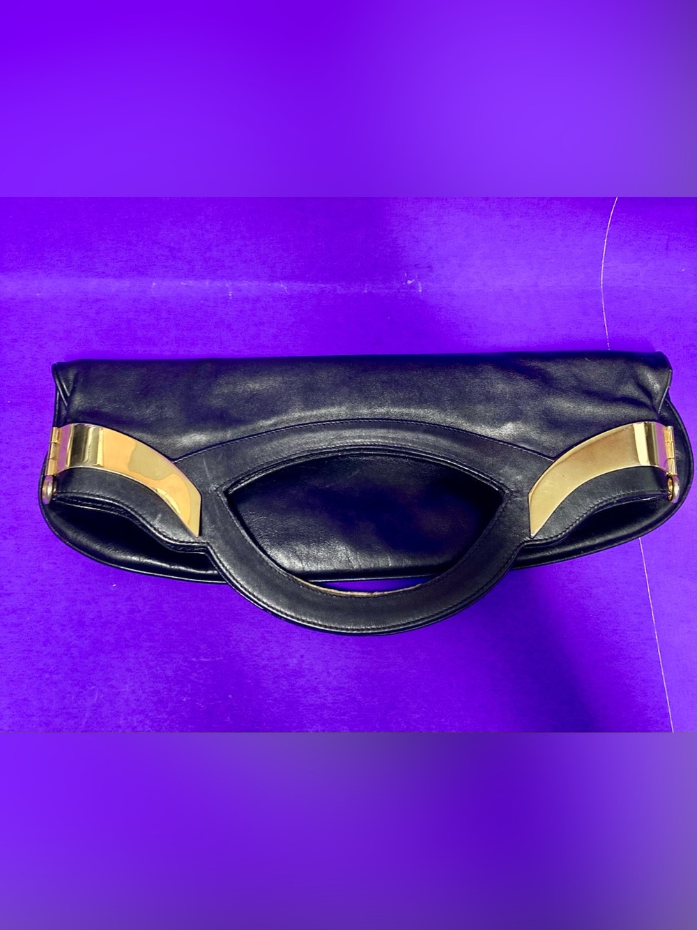 Vintage 80’s Black Leather Handbag w/Gold Accents - Picture 2 of 8